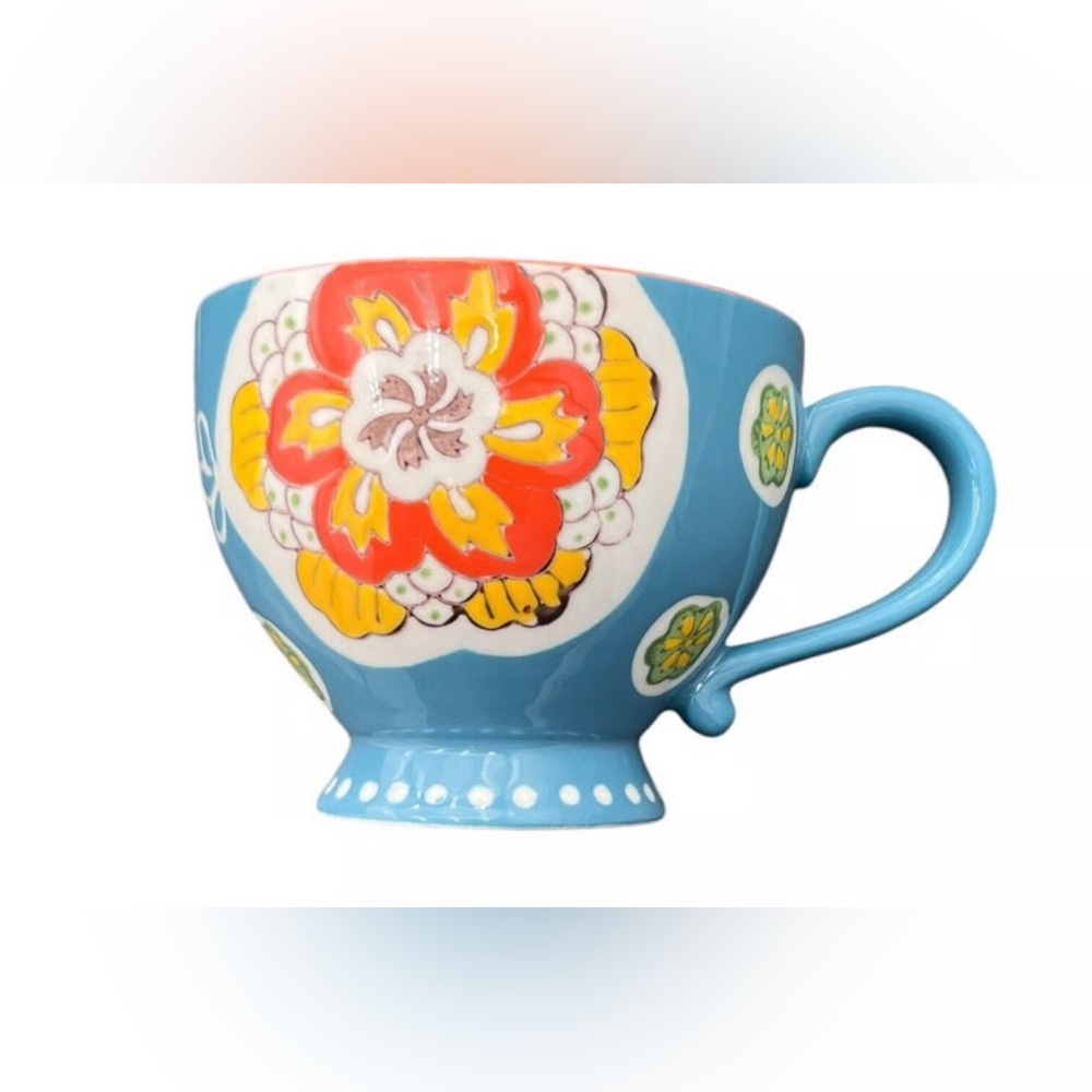 Anthropologie Dutch Wax Hand Painted Tea/Coffee Cup Blue Yellow Floral Large